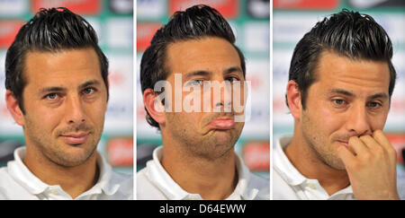 (Dpa-Datei) - ein zusammengesetztes Bild aus Portraits von Stürmer des Bundesligisten Werder Bremen, Claudio Pizarro, und vom 16. Mai 2012 zeigt ihn an einer Pressekonferenz durch seinen Austritt aus dem Club, im Weser-Stadion in Bremen, Deutschland. Pizarro will zum FC Bayern München in der neuen Saison spielen und unterschrieb einen Einjahres Vertrag, nach Angaben der Zeitung "Bild Stockfoto