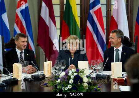 Deutsche Kanzlerin Angela Merkel (C), Estlands Premierminister Andrus Ansip (L) und Norwegens Ministerpräsident Jens Stoltenberg warten vor dem Mittagessen zum Jahresbeginn ein Baltic Sea States Council-Gipfel zu Energie und demografische Fragen diskutieren am 30. Mai 2012 in Stralsund, Norddeutschland. Der Rat der Ostseestaaten ist eine allgemeine politische Forum für regionale zwischenstaatliche Stockfoto