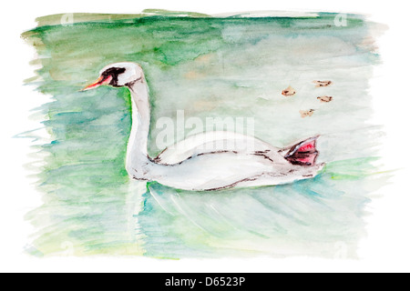 Müde im Herbst Schwan Konzept isoliert - handgemachte Aquarellmalerei Abbildung auf einem weißen Papier Kunst Hintergrund Stockfoto