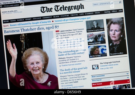 Der Tod von Margaret Thatcher verkündete auf der Website von The Telegraph. Stockfoto