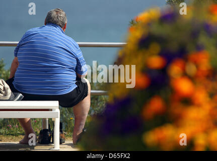 Ein übergewichtiger Mann sitzt auf einer Bank an der Strandpromenade an der Ostsee-Küste in Ostsee, Deutschland, 15. Juni 2012. Die Strände an der Ostsee sind bei Senioren beliebt, während die vor und nach Jahreszeiten. Foto: Jens Büttner Stockfoto