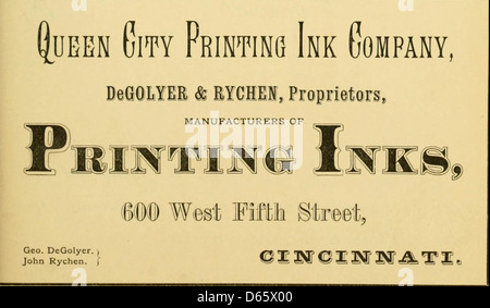 Eine Vintage-Werbung für Harpel's Typograph Artistic Printing, in der die Typografie und die Typografie-Services vorgestellt werden. Das Bild zeigt die handwerkliche Verarbeitung der Drucktechniken des 19. Jahrhunderts und betont den künstlerischen Aspekt der Druckmaterialien. Stockfoto