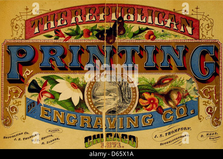 Eine Anzeige von Harpel's Typograph Artistic Printing, die ihre Dienstleistungen in der Typografie und Typografie präsentiert. Das Bild zeigt verschiedene Typenexemplare und Druckgeräte, die die Handwerkskunst des Druckens des frühen 20. Jahrhunderts unterstreichen. Stockfoto