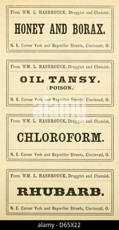 Dieses Bild zeigt eine Vintage-Werbung aus Harpel's Typograph Artistic Printing, die Druggist-Labels und Typografie zeigt und die frühen Techniken des Schriftsetzens und des Etikettendesigns im 19. Jahrhundert zeigt. Stockfoto