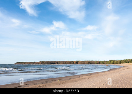 Einem kalten und windigen Nachmittag in Yyteri Strand in Pori, Finnland. Der sechs Kilometer lange Sandstrand ist berühmt für seine Dünen. Stockfoto