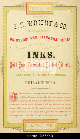 Eine Werbung für Harpel's Typograph mit künstlerischem Druck, Schrifteinstellung und hochwertigen Tinten. Das Stück unterstreicht die technischen Fähigkeiten und Kunstfertigkeiten, die damals mit Typografie und Druckerei zu tun hatten. Stockfoto