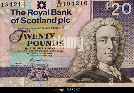 Schottische Pfund Banknote Details. Geld £20 zwanzig Pfund Royal Bank of Scotland 134449 Bank Hinweis Stockfoto