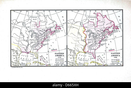 Dieses Bild stammt aus „A Short History of England“ (1921) und zeigt eine Karte Ostamerikas von 1755 bis 1763. Die Karte stellt eine visuelle Darstellung des kolonialen Amerikas in den Jahren vor der Amerikanischen Revolution dar. Stockfoto