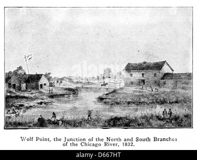 Eine Fotografie aus dem Jahr 1917 aus „A Student’s History of Illinois“, die die Kreuzung des nördlichen und südlichen Zweigs des Chicago River am Wolf Point darstellt. Das Bild zeigt die geografische und historische Bedeutung dieses Ortes für die Entwicklung Chicagos. Stockfoto