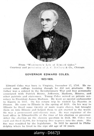 Dieses Bild aus „A Student's History of Illinois“ (1917) zeigt wahrscheinlich Gouverneur Edward Coles, der für seine Bemühungen bekannt ist, sich der Sklaverei zu widersetzen und das Wachstum von Illinois im frühen 19. Jahrhundert zu fördern. Stockfoto