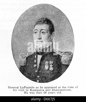 Eine Illustration aus dem Jahr 1917 aus *A Student's History of Illinois* mit General Lafayette. Das Bild zeigt die Beiträge von Lafayette während der Amerikanischen Revolution und seinen Einfluss auf die Geschichte von Illinois. Stockfoto