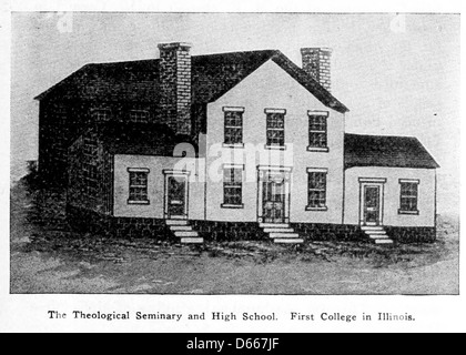 Eine Illustration aus „A Student’s History of Illinois“ (1917), die das erste theologische Seminar und die erste High School in Illinois zeigt. Das Bild erfasst die historische Bedeutung frühkindlicher Bildungseinrichtungen im Staat. Stockfoto