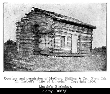 Eine Illustration aus dem Jahr 1917 aus „A Student’s History of Illinois“, die Abraham Lincolns Geburtsort darstellt. Das Bild unterstreicht die Bedeutung des Ortes in der amerikanischen Geschichte, insbesondere in Lincolns frühen Leben und Entwicklung. Stockfoto