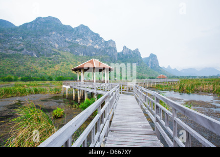 Holz-Brücke bei Sam Roy Yod Nation Park, Provinz Prachuapkhirikhan, Süden von Thailand Stockfoto