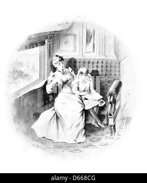 Ein Foto aus „A Summer Note-Book“, das 1895 einen ersten-Klasse-Zug zeigt. Dieses Bild bietet einen Einblick in die luxuriösen Reiseunterkünfte der damaligen Zeit, mit gut ausgestatteten Sitzgelegenheiten und eleganten Innenräumen, die typisch für Züge der ersten Klasse im späten 19. Jahrhundert sind. Stockfoto
