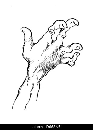 Dieses Bild aus dem Jahr 1894 zeigt eine dramatische Szene aus „A Tale of a Halo“ mit einer mächtigen Hand, die nach einem Halo greift. Die Bildsprache repräsentiert Themen des Kampfes und der göttlichen Intervention, typisch für den Kontext der Erzählung. Stockfoto