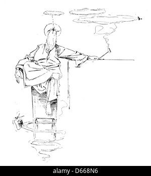 Eine Illustration aus dem Jahr 1894 aus „A Tale of a Halo“, die den heiligen Peter beim Pfeifenrauchen zeigt. Das Kunstwerk stellt den heiligen Peter in einer entspannten Pose dar, die eine skurrile Interpretation einer biblischen Figur bietet, mit einem unbeschwerten Ton, der im Kontrast zu den traditionellen Darstellungen des heiligen Petrus in der religiösen Kunst steht. Stockfoto