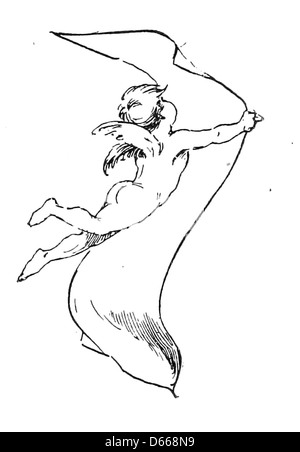 Dieses Bild zeigt eine Szene aus „A Tale of a Halo“, einer Illustration aus dem Jahr 1894, die eine Cherub-Figur enthält, die häufig mit göttlichen oder engelhaften Themen assoziiert wird und in einem himmlischen Kontext spielt. Stockfoto