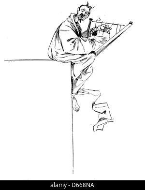 Diese 1894 entstandene Illustration aus „A Tale of a Halo“ zeigt Satan, wie er eine Harfe spielt, und bietet eine visuelle Darstellung der Themen der Versuchung und Moral. Das Bild fängt einen dunklen, aber eleganten Moment in der Erzählung ein. Stockfoto