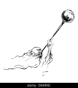 Diese Illustration stammt aus „A Tale of a Halo“ (1894), die die biblische Figur des heiligen Petrus mit einer Trompete darstellt und seine Rolle in der christlichen Tradition symbolisiert. Stockfoto