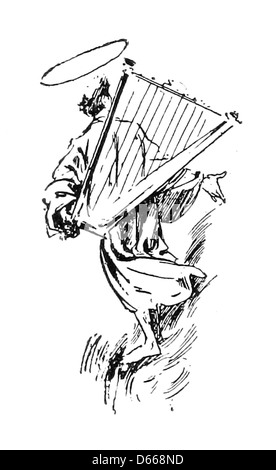 Diese Illustration aus dem Jahr 1894 aus „A Tale of a Halo“ zeigt ein Bild, das die Kreuzung von Spiritualität und Versuchung symbolisiert, dargestellt durch einen Halo, eine Harfe und die Figur des Satans. Die Elemente in diesem Bild spiegeln die allegorischen Themen der Geschichte wider und verbinden göttliche und höllische Bilder in einer dramatischen, erzählerischen Form. Stockfoto