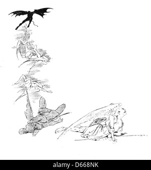 Diese Illustration aus dem Jahr 1894 zeigt eine dramatische Szene, in der Satan Engel angreift, während St. Michael eingreift. Das Bild fängt den symbolischen Kampf zwischen gut und Böse ein, ein gängiges Thema in der christlichen Kunst. Der heilige Michael, der oft als Erzengel der Gerechtigkeit dargestellt wird, schützt die Engel vor Satans Angriff und verkörpert den Triumph des Guten über das Böse. Stockfoto