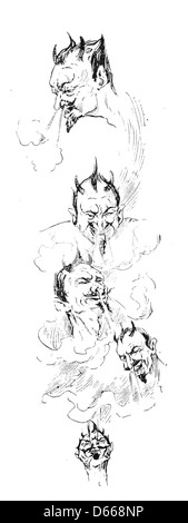 Eine Illustration aus dem 1894 erschienenen Buch „A Tale of a Halo“, die eine dunkle und ätherische Szene darstellt, die möglicherweise Themen der Versuchung oder des Übernatürlichen beinhaltet. Das Bild spiegelt wahrscheinlich die intensiven narrativen Elemente der Geschichte wider, wobei Satan in rauchigen oder wolkenähnlichen Bildern dargestellt wird. Stockfoto