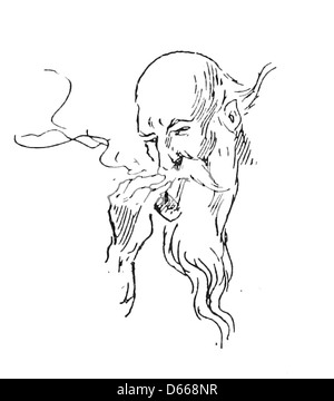 Eine Illustration aus 'A Tale of a Halo' (1894), die St. Peter in rauchender Pose zeigt. Das Bild fängt einen Moment aus der religiösen oder mythologischen Erzählung ein und verbindet künstlerische Darstellung mit spirituellen Themen. Stockfoto