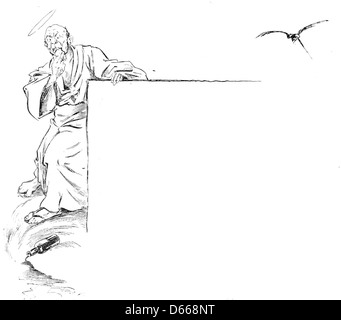 Eine Illustration aus „A Tale of a Halo“ (1894) mit einer wütenden Krähe und dem Heiligen Peter. Das Bild fängt einen dramatischen Moment in der Geschichte ein und verwendet Symbolismus und Bilder, die mit den religiösen und mythologischen Themen der Geschichte verbunden sind. Stockfoto