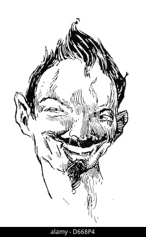 Eine Illustration aus dem Jahr 1894 aus „A Tale of a Halo“ mit einer Darstellung von Satan, oft mit dunklen, vorwegweisenden Bildern, die typisch für die literarische Kunst des späten 19. Jahrhunderts sind. Die Figur ist mit typischer Ikonographie wie Hörnern und einem unheimlichen Ausdruck dargestellt. Stockfoto