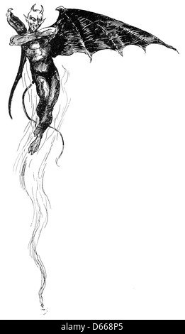 Eine Illustration aus dem Werk „A Tale of a Halo“ aus dem Jahr 1894, das die Themen von gut und Böse darstellt, mit Darstellungen des Teufels und Satans in einer symbolischen Erzählung. Stockfoto