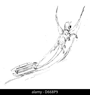 Diese Illustration aus dem Jahr 1894 aus „A Tale of a Halo“ zeigt ein geflügeltes Pferd (Pegasus) neben einem Trolley-Wagen und verbindet Fantasie und Alltag. Das Bild ist Teil einer fantastischen Erzählung, die mythische Kreaturen mit modernen urbanen Szenen verbindet. Stockfoto