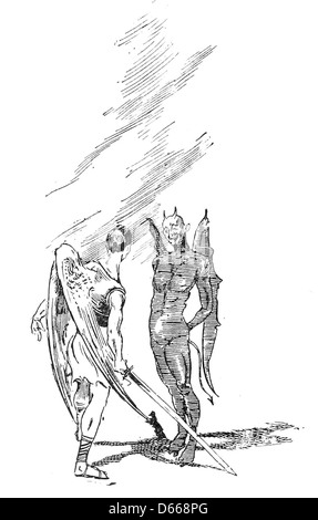 Diese Illustration aus dem Jahr 1894 aus „A Tale of a Halo“ zeigt eine dramatische Konfrontation zwischen Satan und St. Michael und fängt den intensiven spirituellen Kampf zwischen gut und Böse ein. Das Kunstwerk hebt die ikonischen Bilder des Erzengels Michael im Kampf mit dämonischen Kräften hervor. Stockfoto