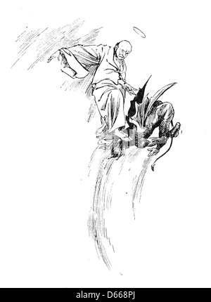 Diese 1894 entstandene Illustration aus „A Tale of a Halo“ zeigt Darstellungen von Satan und St. Patrick, die die religiösen und moralischen Themen der Geschichte widerspiegeln. Stockfoto