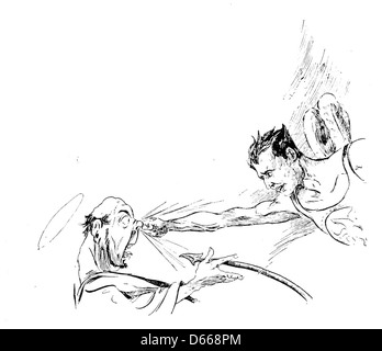 Eine Illustration aus „A Tale of a Halo“ (1894), in der der heilige Michael auf den heiligen Patrick trifft. Das Kunstwerk fängt einen dramatischen Moment aus der Erzählung ein und veranschaulicht den Konflikt zwischen zwei prominenten Persönlichkeiten in religiösen und mythologischen Geschichten. Stockfoto