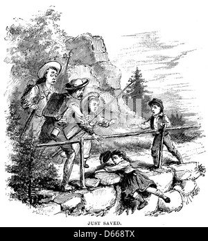 Eine Illustration aus „A Tramp Outside“ (1885), die eine Figur zeigt, die vor dem Absturz von einer Klippe gerettet wurde. Die Szene stellt wahrscheinlich einen Moment der Gefahr dar und betont sowohl die Gefahr als auch die Intervention, die den Charakter rettet, und repräsentiert möglicherweise Twains humorvolle Einstellung auf Reisen. Stockfoto