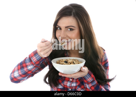 Schöne Junge Kaukasische Frau, Die Gesundes Frühstücksflocken Isst, Isoliert Auf Weiß Stockfoto