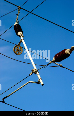 25KV Wechselstrom elektrifizierte Eisenbahn Freileitung Ausrüstung Gantries Ostküste Hauptlinie Peterborough Cambridgeshire Stockfoto