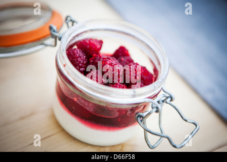 Panna Cotta mit Himbeeren in ein Glas mit Glas Stockfoto