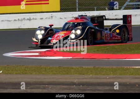 13.04.2013 Silverstone, England. Rebellion Racing LMP1 Lola B12/60 Coupé Toyota angetrieben von Andrea Belicchi (ITA), Mathias Beche (CHE) und Cong Fu Cheng (CHN) in der Qualifikation für die World Endurance Championship von Silverstone. Stockfoto