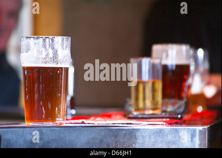 Pints Bier, Lagerbier und bitter an einer Bar pub Tabelle getränke Gläser Stockfoto