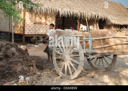 Mann Schaufeln Gülle in einem Holzkarren Yay Kyi Dorf, Mandalay, Myanmar (Burma) Stockfoto