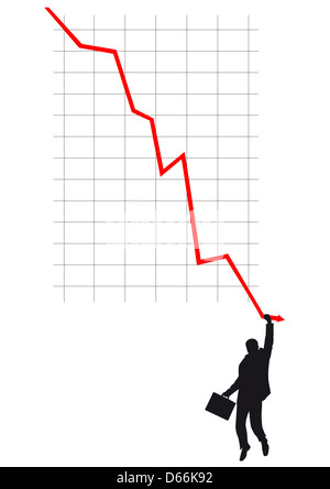 Silhouette von Geschäftsleuten klammerte sich an fallende rote Linie im Diagramm Stockfoto