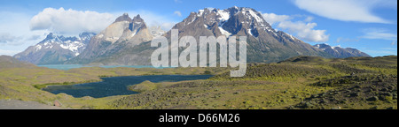 Ansicht des Paine-Massivs, Torres del Paine Nationalpark, Chile. Stockfoto