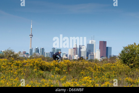 Ein Blick auf die Skyline von Toronto aus Tommy Thomson Park Stockfoto