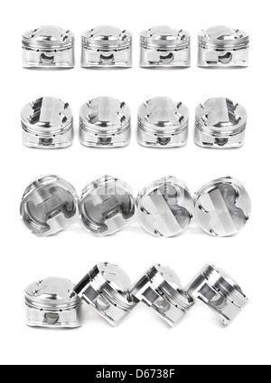 Collage aus einer Reihe von vier polierten Chrom Schmiedekolben. Isolieren Sie auf weiß. Bild wurde von Fotos zusammengestellt. Stockfoto