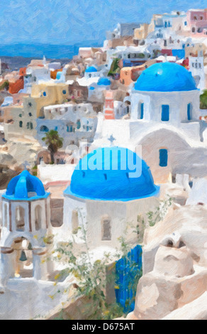 Eine digitale Ölgemälde von ein paar von den berühmten blauen Kuppelkirchen von Oia auf der griechischen Insel Santorin. Stockfoto