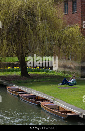 Cambridge, UK. 14. März 2013. Die Temperatur in Cambridge heute hat 20 Grad Celsius erreicht, nehmen Menschen Punting auf dem Fluss Cam und die Sonne genießen. JAMES LINSELL-CLARK/Alamy Live-Nachrichten Stockfoto