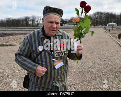 Ehemaliger Häftling Petro Mischtschuk aus Kiew hält eine rote rose, als er über den ehemaligen namentliche Platz an der Gedenkstätte "KZ Buchenwald" in der Nähe von Weimar, Deutschland, 14. April 2013 geht. Überlebende des KZ Buchenwald bei Weimar Commeorated der Befreiung des Lagers vor 68 Jahren. Foto: MARTIN SCHUTT Stockfoto