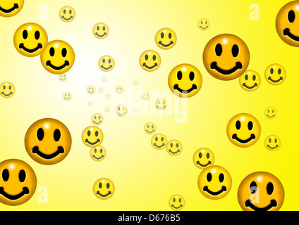 Eine Reihe von gelben Smiley Gesicht Emoticons entwickelt sich aus einer fernen und verblasst position Stockfoto